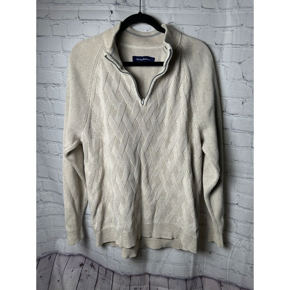 Tommy Bahama Cream Textured Zip-Up Sweater Elegant Casual Wear